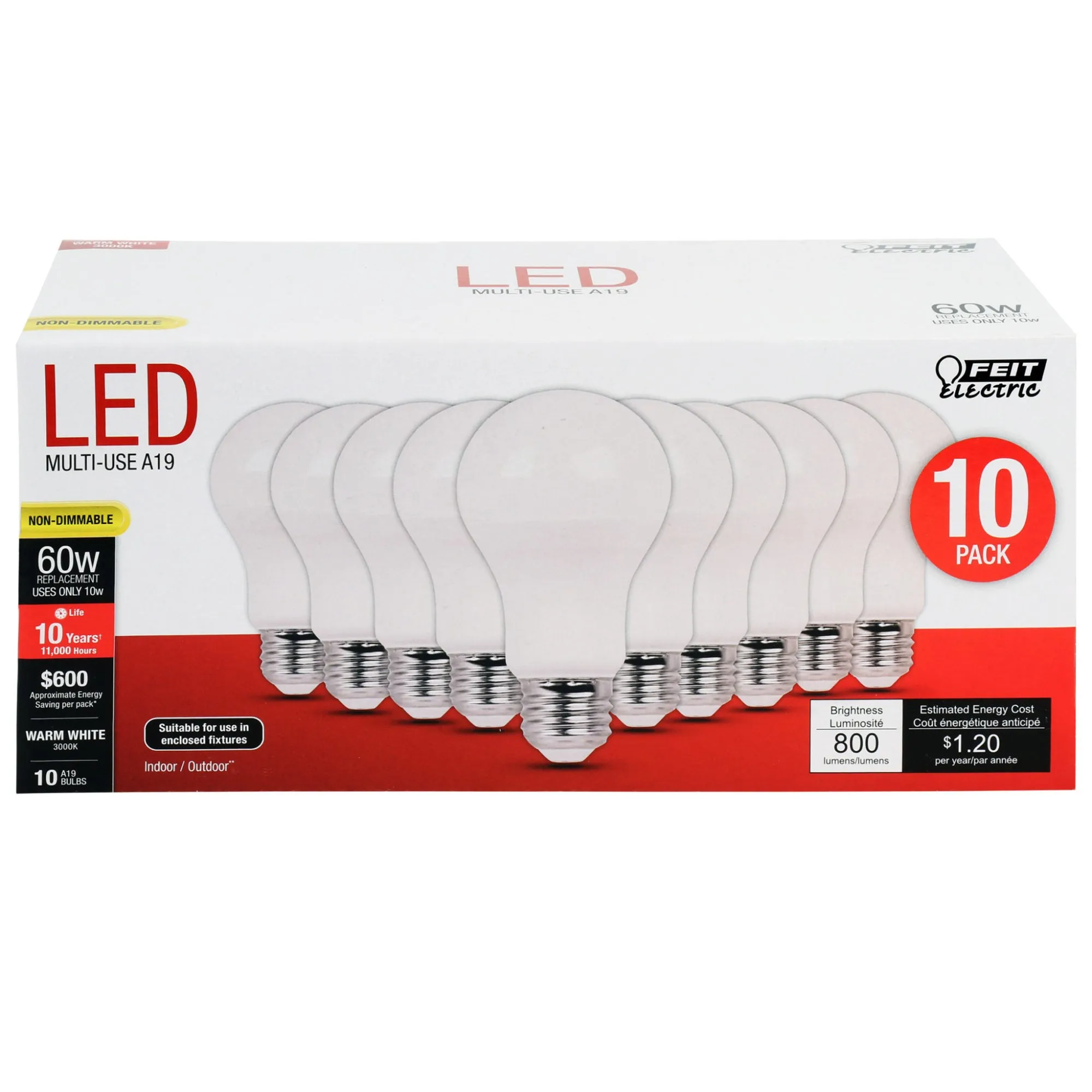 10W (60W Replacement) Warm White (3000K) E26 Base A19 General Purpose LED Bulb (10-Pack)
