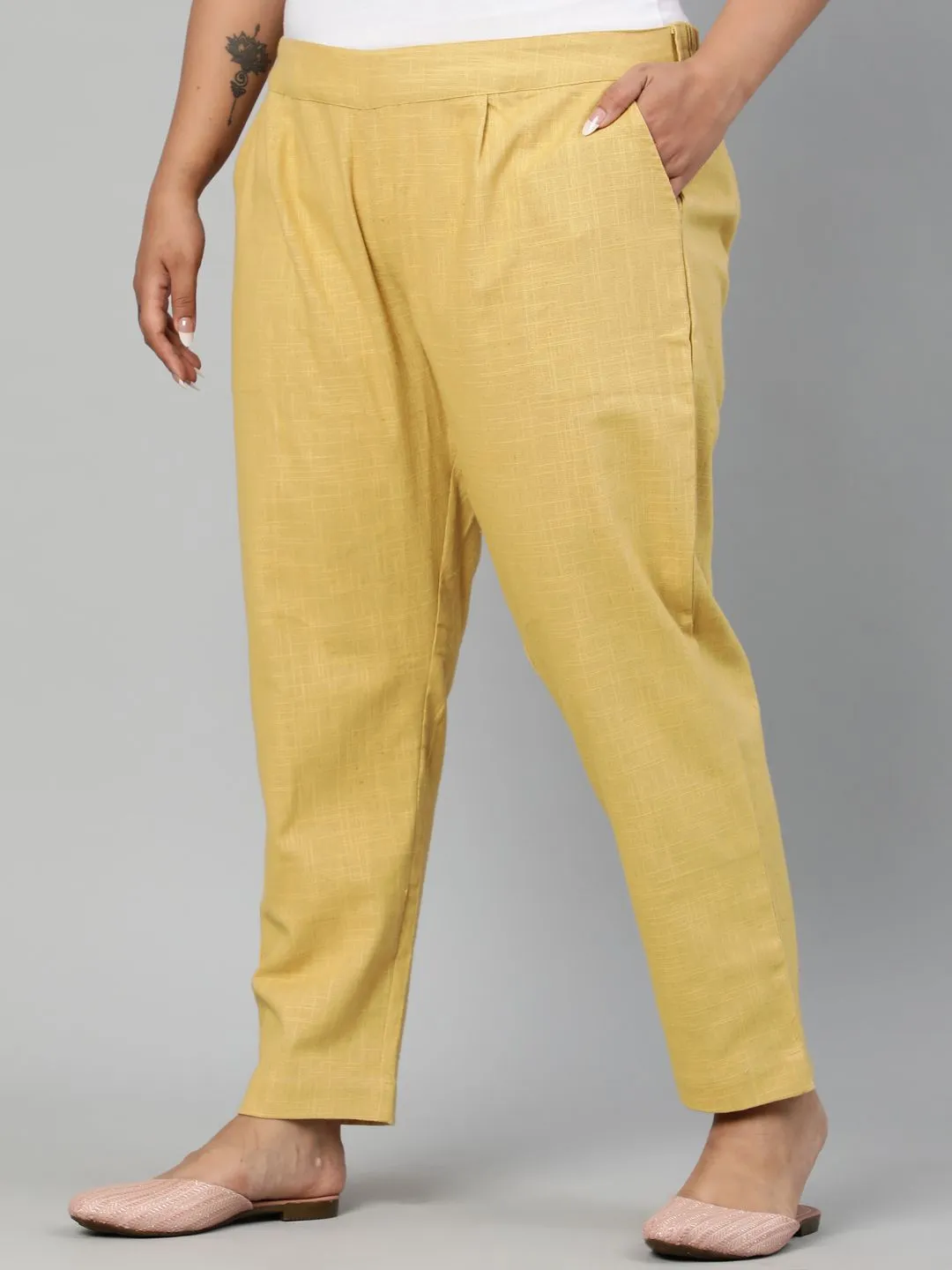 Beige Plus Size Ethnic Wear Cotton Slub Pants