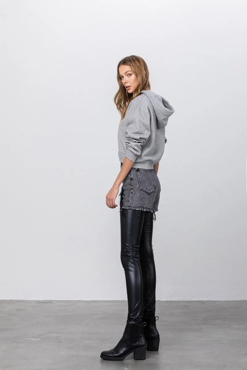 Distressed Love PU Leather Combo Denim Pants