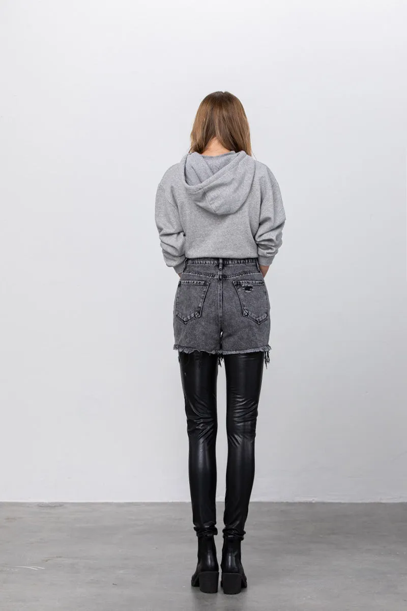 Distressed Love PU Leather Combo Denim Pants