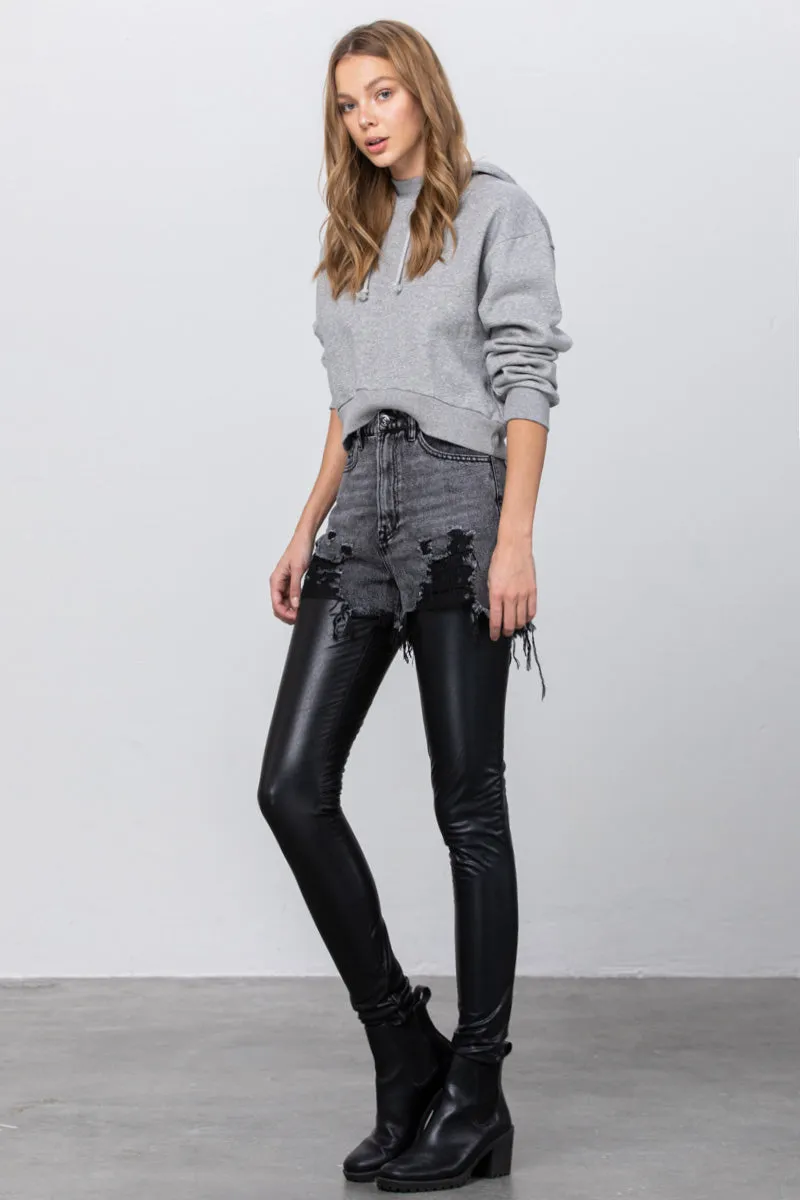 Distressed Love PU Leather Combo Denim Pants