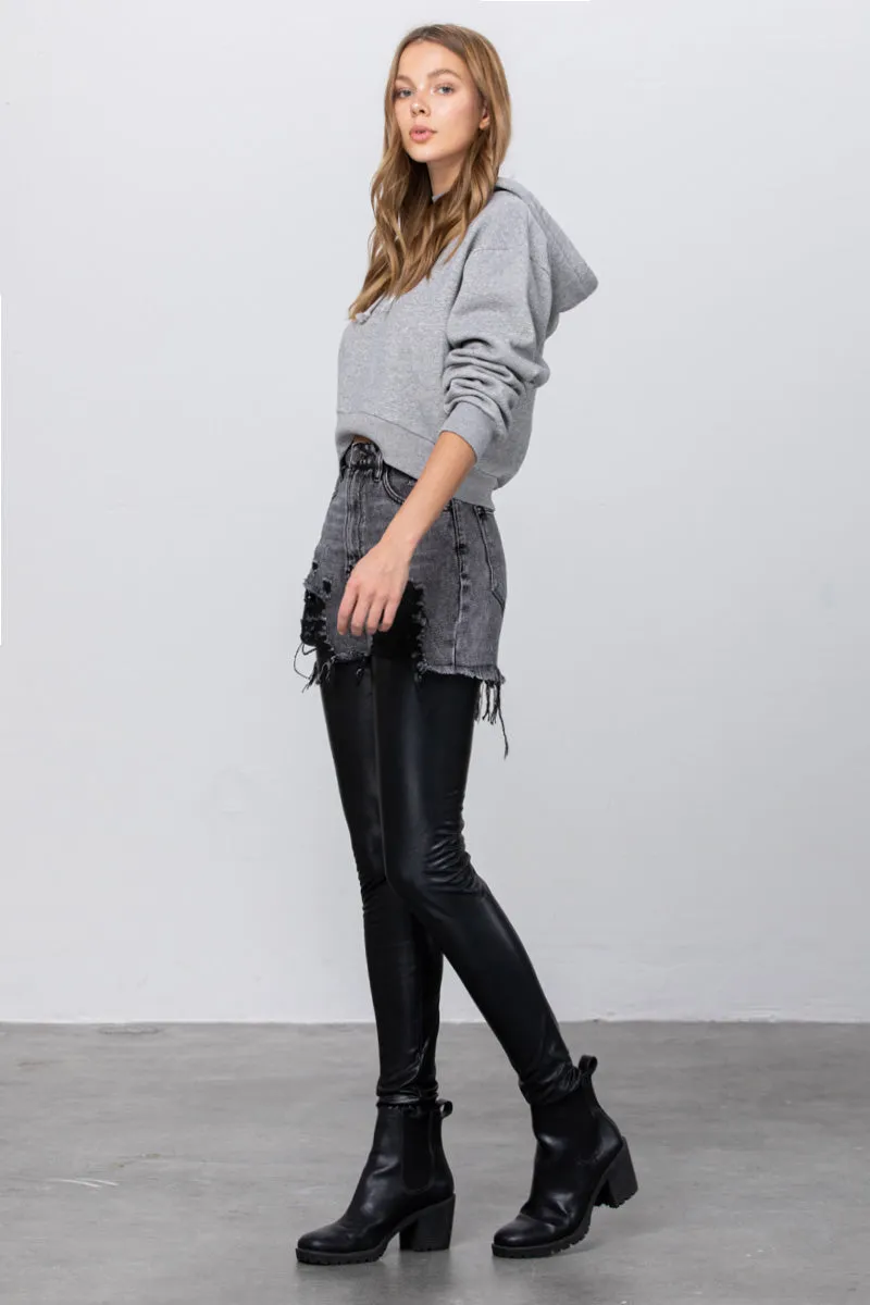 Distressed Love PU Leather Combo Denim Pants