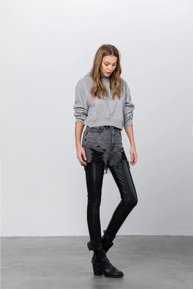Distressed Love PU Leather Combo Denim Pants