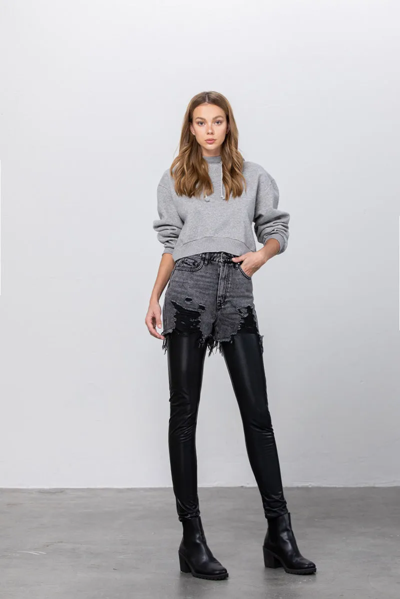 Distressed Love PU Leather Combo Denim Pants