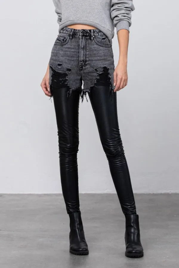 Distressed Love PU Leather Combo Denim Pants