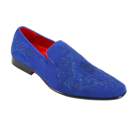 Men's Royal Blue Velvet Slip On Dress Shoes Embroidery Print