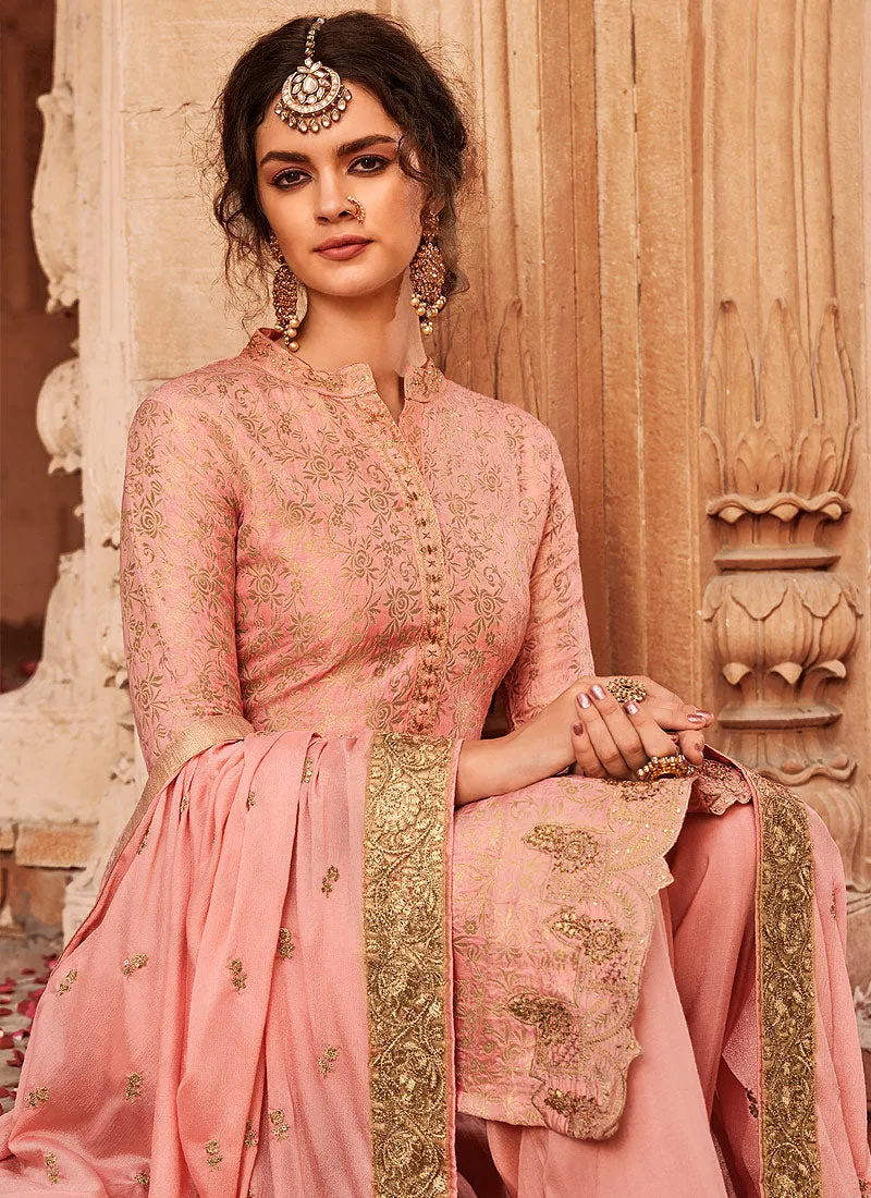 Peach Golden Embroidered Palazzo Pant Suit