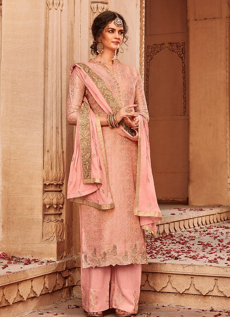 Peach Golden Embroidered Palazzo Pant Suit